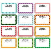 12 template illustrations of a set of colorful label sticker blank text. Sticker marking the ownership of an item, book, bag, etc. Name tag for ownership identification, Ownership symbol vector