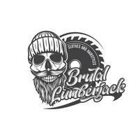 Brutal lumberjack skull with beard, woodwork saw vector