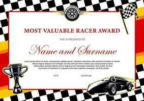 Car racing winner certificate, races diploma award vector