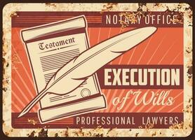 Notary office rusty metal plate, wills execution vector