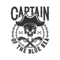 camiseta impresión con pirata cráneo en tricornio, emblema vector