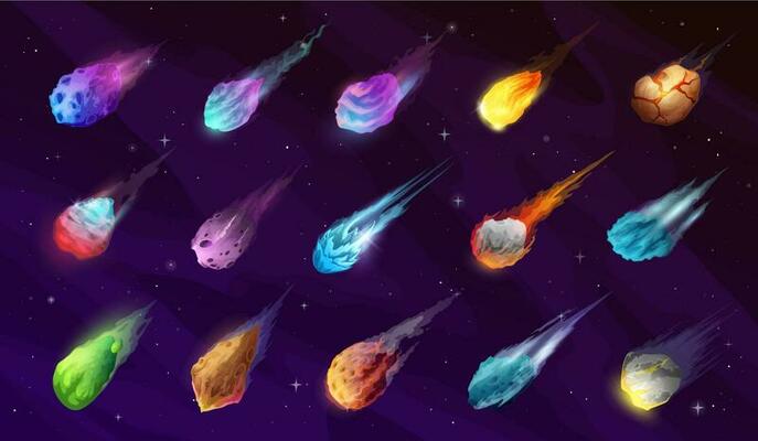 Asteroids, comets and meteors with trails, cartoon