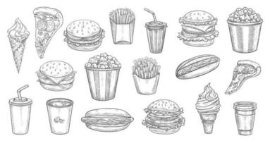 Fast food sketch meals isolated takeaway dishes vector