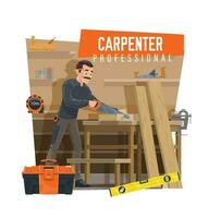 Carpenter cutting wooden board on workbench vector