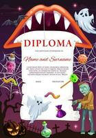 niños diploma modelo con Víspera de Todos los Santos monstruos vector