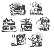 Environment pollution and save energy vector icons