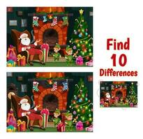 Kids find ten differences game with Santa and elfs vector