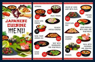 Japanese cuisine food menu, Japan restaurant meals vector