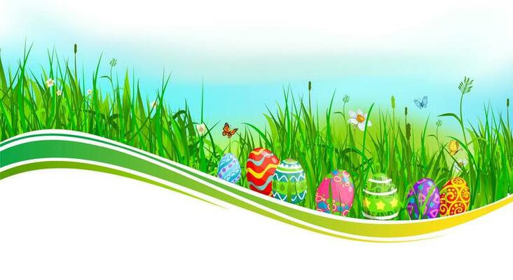 Easter eggs with green grass and flower wave