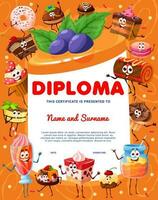Kids diploma cartoon pie, cake, cupcake, sweets vector
