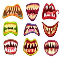 Monster mouth with teeth, cartoon jaws and tongues vector