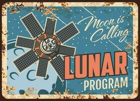 Lunar program rusty plate, satellite fly on moon vector