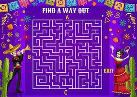 Labyrinth maze with Dia De Los Muertos characters vector