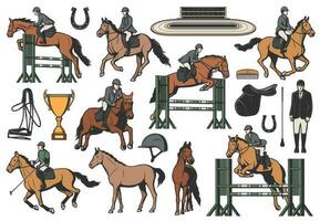 Equestrian sport vector icons, horse riding set