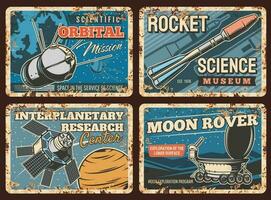 Space rockets, planets exploration metal plates vector