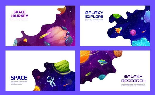 Landing pages, posters with space planets, rockets