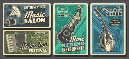 Music instruments posters retro, concert festival vector