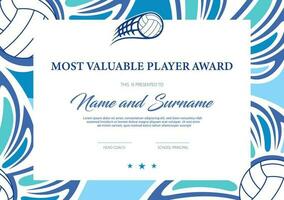 Certificate for volleyball most valuable player vector