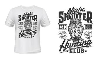 Owl, hunting club t-shirt print mockup, wild hunt vector