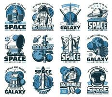 Space planet, astronaut and rocket isolated icons vector