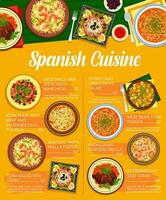 Español cocina menú, carne, Mariscos paella, vegetariano vector