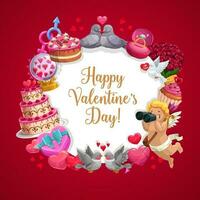 Valentines Day hearts, gifts and Cupid frame vector