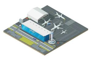 Isometric airport building with airplane on runway vector