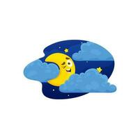 dibujos animados Luna personaje en nubes, gracioso creciente vector