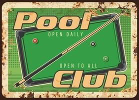 Pool club rusty metal plate, vector balls and cue