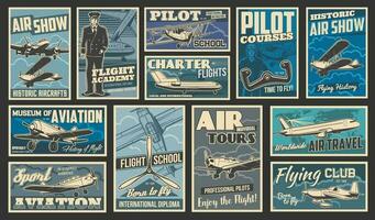 Plane fly, aircraft flight aviation retro posters vector