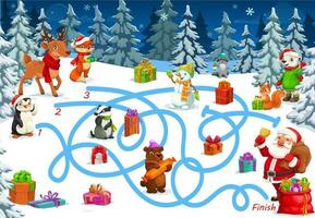 Christmas game or puzzle with maze, labyrinth map vector