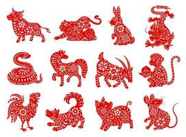 Chinese zodiac horoscope red papercut animals vector