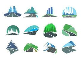 Highway icon with skyscrapers, trees and mountains vector