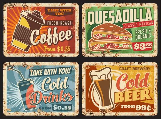 Fast food metal plates rusty, drinks, snacks menu