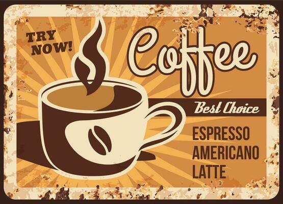 Coffee shop drinks menu rusty metal vector plate