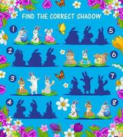 Kids game of match shadows of Easter bunnies, eggs vector