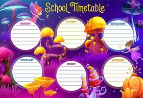 School timetable schedule with fairy and mushrooms vector