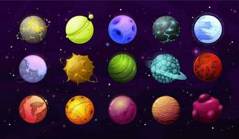 Alien planets, stars, cartoon fantasy space galaxy vector