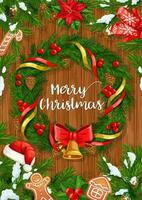 Christmas tree wreath with Xmas bell and Santa hat vector