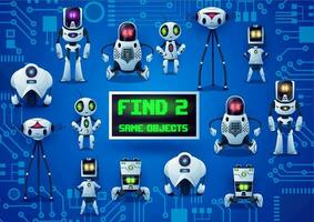encontrar dos mismo robots juego, dibujos animados droides enigma vector