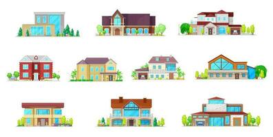 House cottages, bungalow and villa buildings icons vector