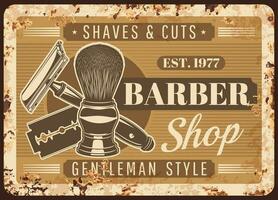 Barbershop, barber salon rusty metal plate vector