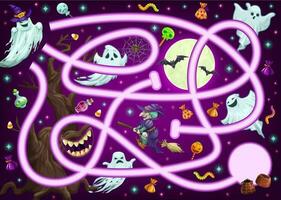 Maze game puzzle, Halloween cartoon labyrinth vector