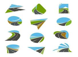 Road icons, highway pathway routes, traffic ways vector