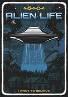 Retro poster with ufo illuminate houses at night vector