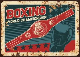 Boxing championship metal plate rusty, belt, glove vector