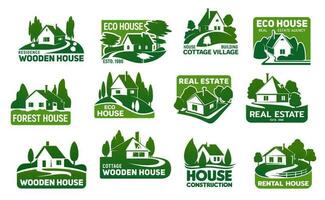 Wooden eco houses, real estate buildings icons vector