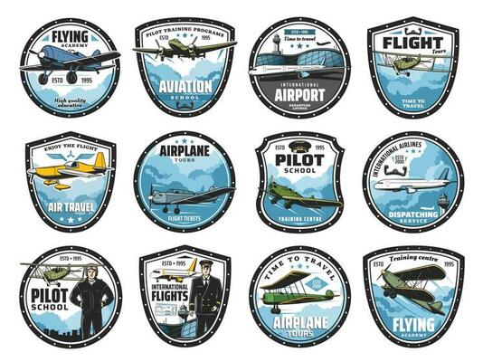 Flying academy, air tour and airline icons icon