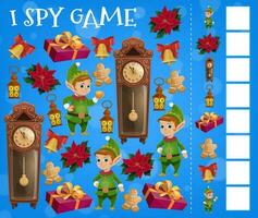 Christmas I spy game, cartoon Xmas elves and gifts vector