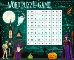 Halloween word puzzle with witch, wizard and ghost vector